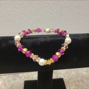 Gold, Pink Beads, and White Faux Pearl Stretch Bracelet